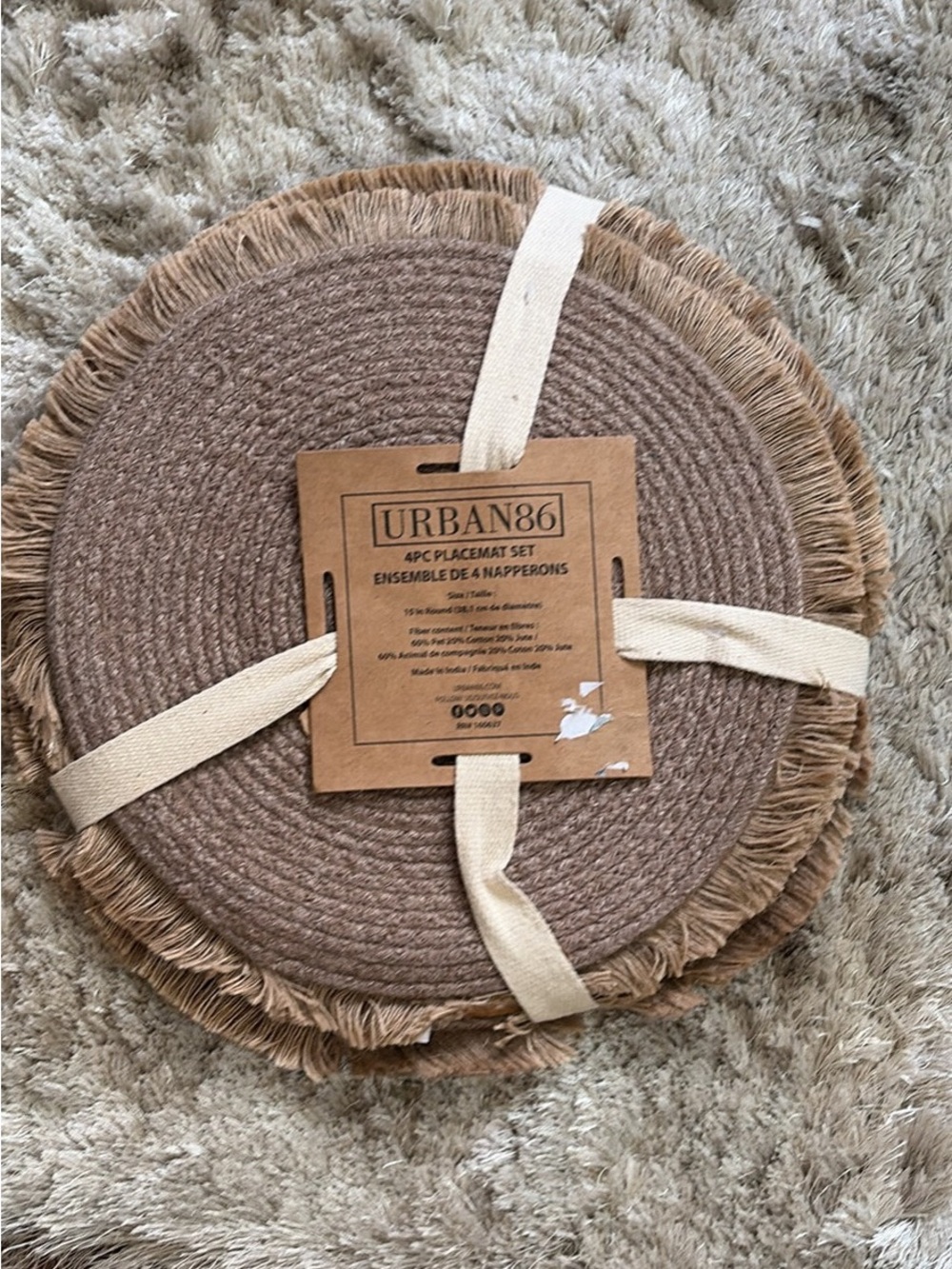 Urban 86  Brown Round Fringe Placemat Set - Natural Brown